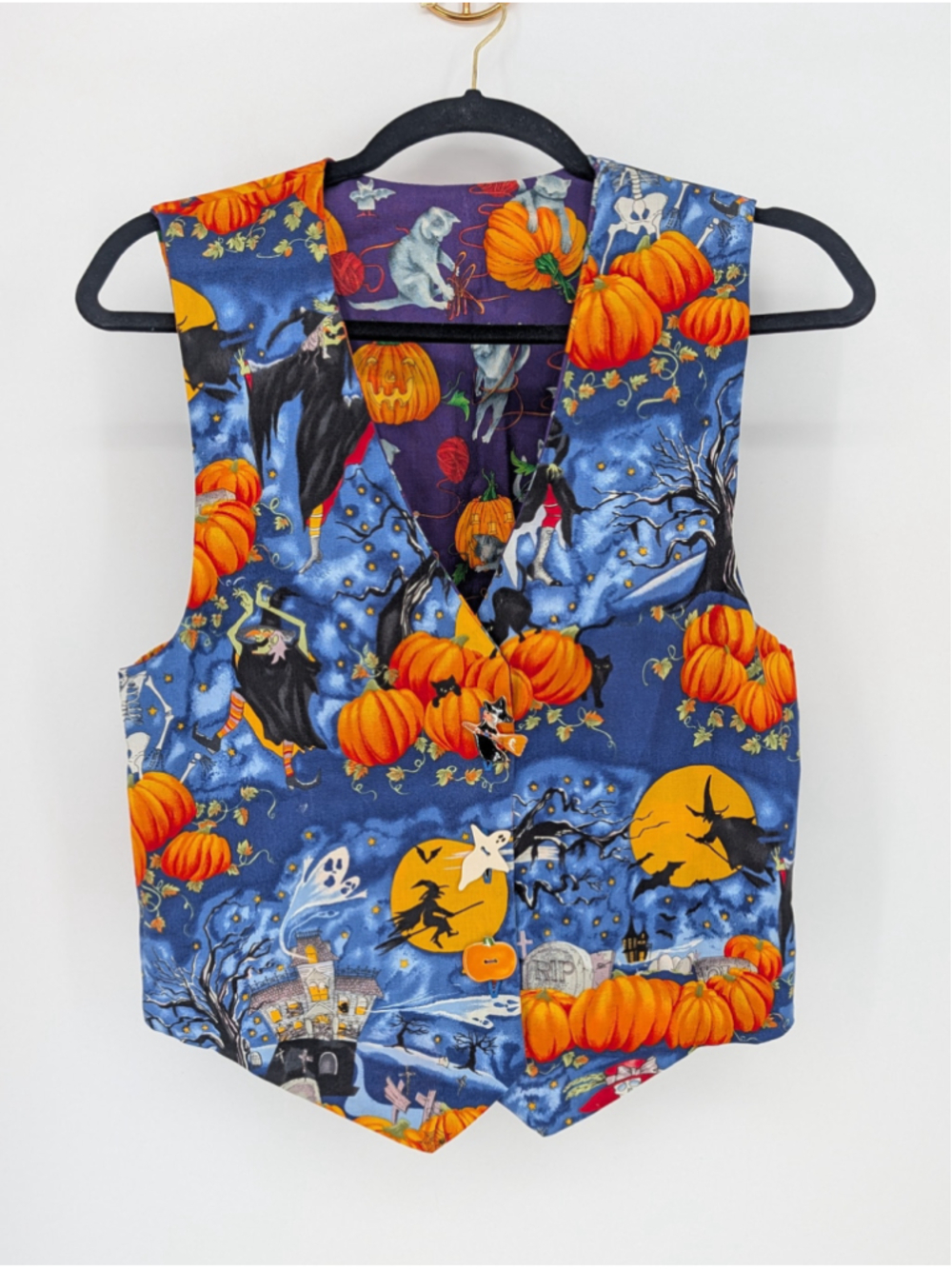 Handmade Reversible Halloween Vest Cats Witch Pumpkin Novelty Buttons M